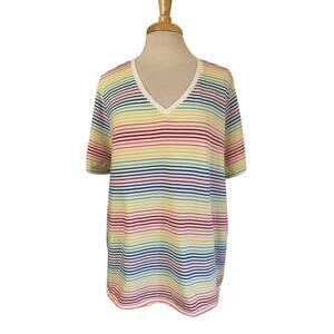 LANDS END Rainbow Stripe V-neck Short Sleeve Tee Size 2X Womens 100% Cotton